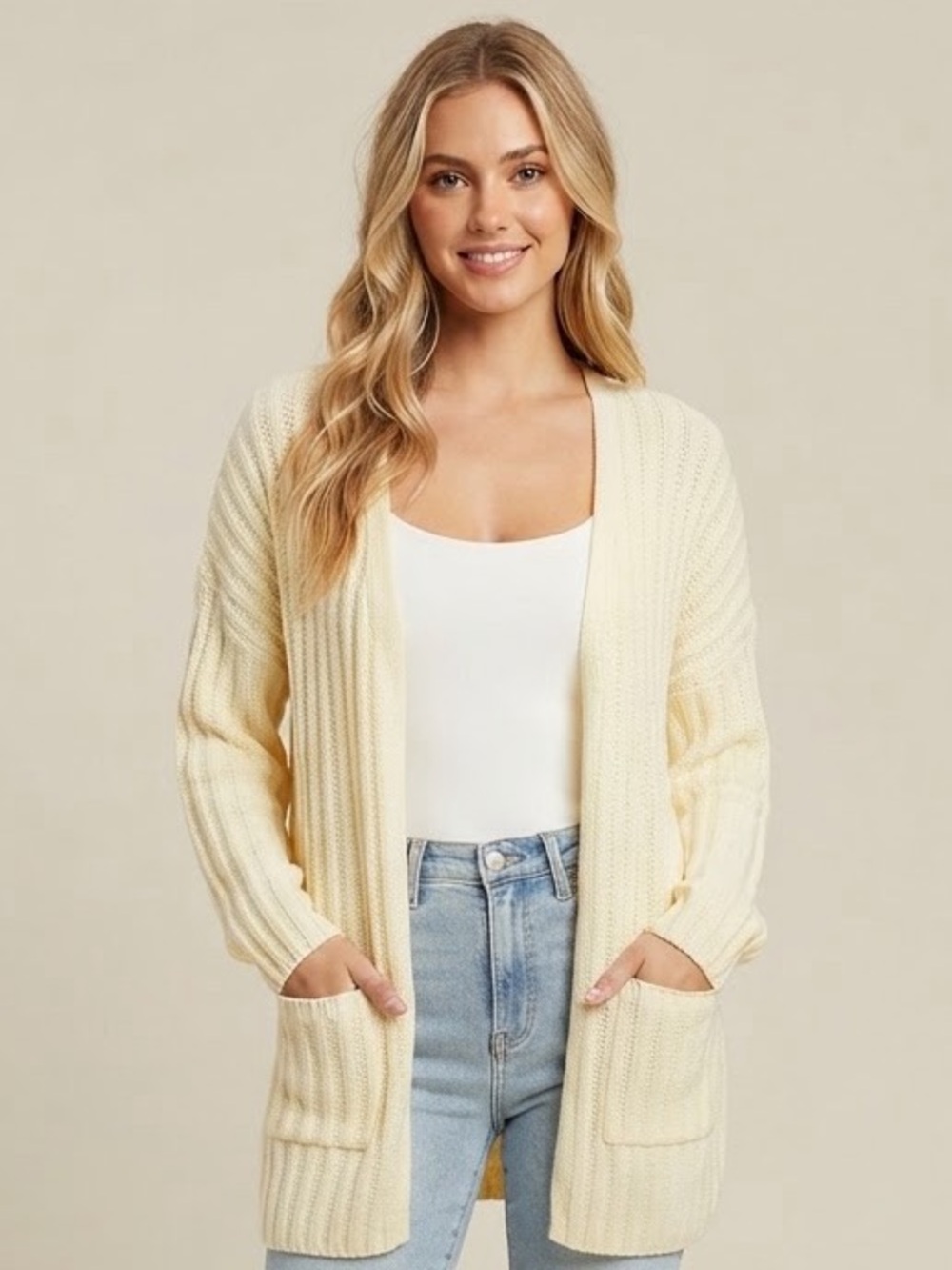 Women's Lulus Cream Ribbed Knit Open Front Cardigan Size M